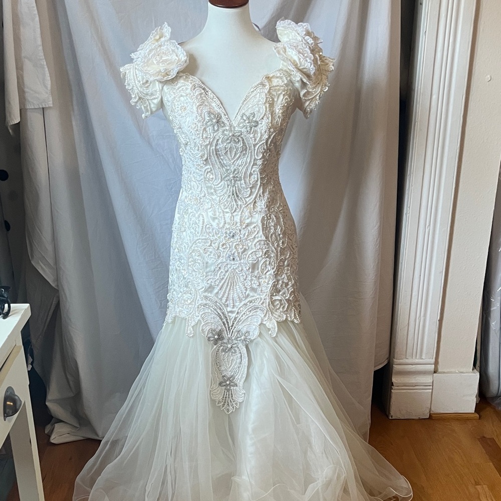 Elegant Beaded Trumpet V Neckline Short Sleeve Wedding Gown Victoria’s Bridal